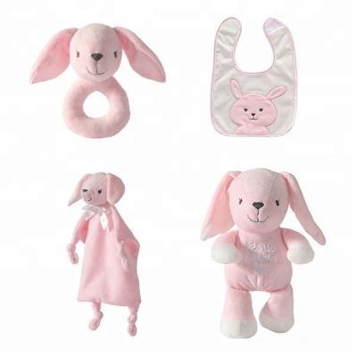 China Cute Long Pink Rattle Toy And Cotton Baby Bib Plush Ears Rabbit Baby Shape Cute Newborn Baby Gift Comforter Set 4 PACK for sale