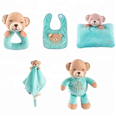 China Fashion Newborn Baby Girl Gift Set Sleep Stuffed Custom Cute Teddy Bear Baby Rattle Comforter Plush With Bib Baby Soft Stuffed Toy for sale