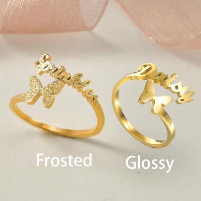 China New FASHIONABLE 18K Gold Plated Custom Frosted Stainless Steel Custom Name Butterfly Ring for sale