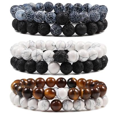 China New Amazon FASHIONABLE Hot Beaded 8MM Natural Stone Tiger Eye Volcanic Stone Agate Couples Bracelet for sale