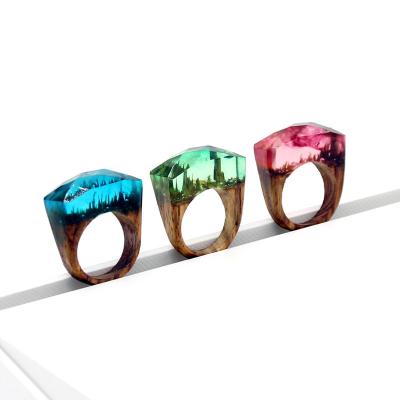 China Clear Punk Resin Jewelry MJ's Blue Wood Finger Ring Knuckle Rings Instagram New For Men Women Man Landscape Jewelry Punk Unique Handmade Gift for sale