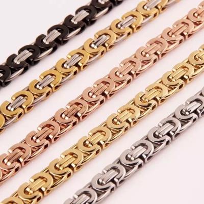 China Hiphop MJ Jewelry Wholesale 4mm~8mm Flat Byzantine Chain Stainless Steel Necklace Gold Silver Black Color For Mens Chains Punk Jewelry for sale