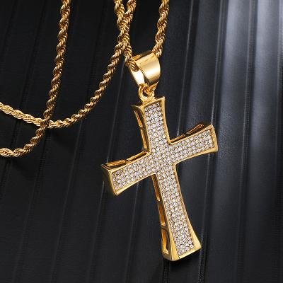 China TRENDY MJ Jewelry Antique Gold Stainless Steel Micro Paved CZ Gemstone Cross Pendant Necklace For Christian Lord Prayers Daily Outfit for sale