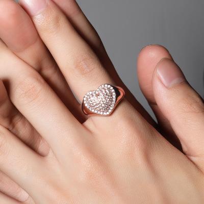 China Trendy CLASSIC Iced Out Of The Heart Seal Ring Hip Hop Jewelry For Women Girlfriend Diamond Pave Ring Bling Bling Rose Gold Iced Out Rings Gifts for sale