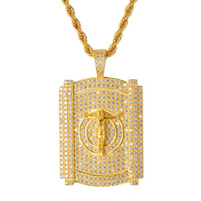 China MJ Religious Jewelry Hip Hop Geomatric Jewelry Pendant Square Shape Micro Paved Cubic Zircons Gold Jesus Christ Pendant Necklace For Men for sale