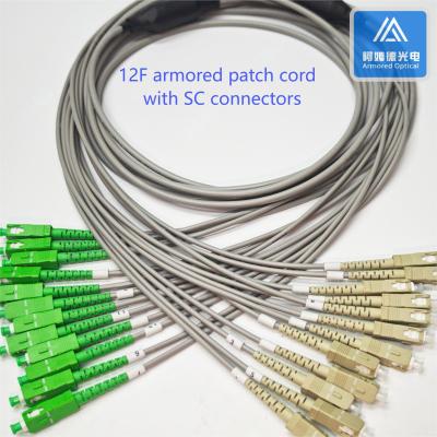 China 12 Core  Spiral Armored Patch Cord 2m 6.5mm Grey PVC Rodent Resistant SC APC SC UPC for sale