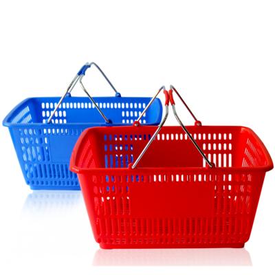 China Durable Manufacturer Hot Selling With 2 Metal Handles Plastic Supermarket Shopping Basket Grocery And Vegetable Basket for sale