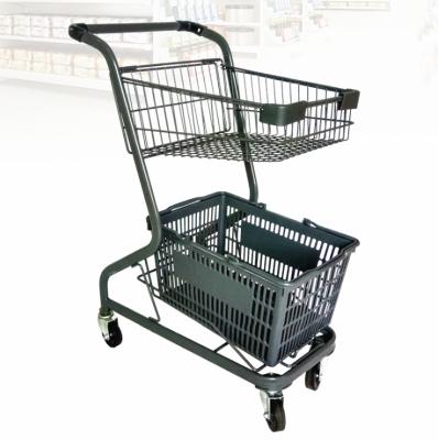 China Eco-friendly manufacturer hot sale supermarket rolling 2 tier trolley shopping cart with plastic basket for sale