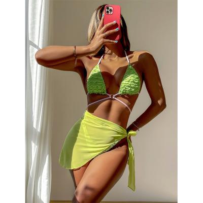 China 3Pcs Bathing Suits Halter Neck Breathable Jacquard Fabric Three Piece Swimwear Bikini Set Supplier Neon Green With Sarongs for sale