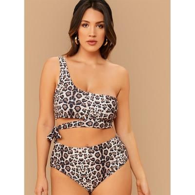 China One Shoulder Plus Size Leopard Print Bather Two Piece Full Coverage Bathing Suits Supplier Wholesale One Plus Size Swimwear Manufacturer for sale