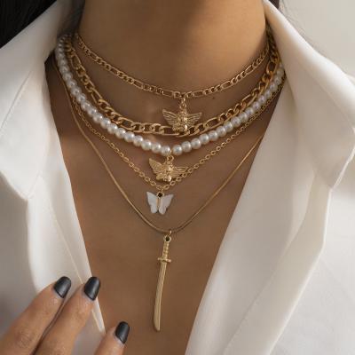 China Wholesale Fashion Clavicle Chain Jewelry Angel Pendant Necklace Pearl Pendant Trendy Multilayer Coin Women Retro Necklace for sale