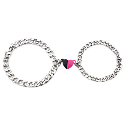 China 1 Pair Bracelets Friendship Jewelry Gifts Stainless Steel Lovers Heart Charm Cuban Chain Magnet Couple Bracelet for sale