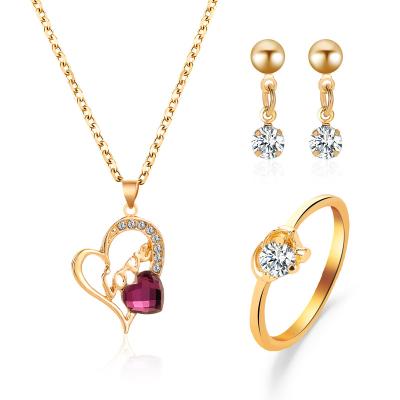 China Luxury Fashion Ring Gold Jewelry Set Love Heart Necklace Earrings 3 Pieces Set Diamond Bridal Wedding Jewelry Set for sale