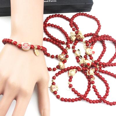 China Red Bead Jade Agate Bracelet Chinese Year of the Rat, Red Bead Good Luck Cute Cartoon Animal Pendant Bracelet for sale