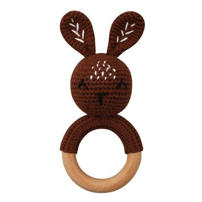 China Handmade Baby Rabbit Shape Wooden Ring Weave Knitting Animal Teether Toy With Ring Bell Unicorn for sale