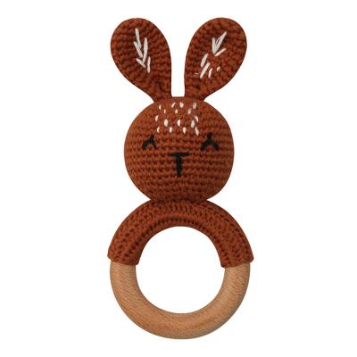 China Handmade Baby Rabbit Shape Wooden Ring Weave Knitting Animal Teether Toy With Ring Bell Unicorn for sale