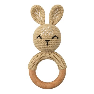 China Handmade Baby Rabbit Shape Wooden Ring Weave Knitting Animal Teether Toy With Ring Bell Unicorn for sale