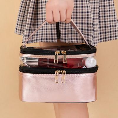 China Fashionable high quality portable leather cosmetic bag girls double layer large capacity transparent toiletry bag for travel for sale