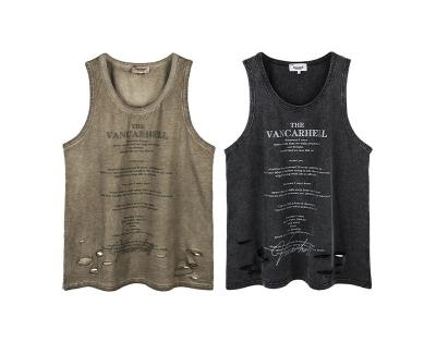 China Anti-pilling MK Summer Hip Hop Rap Men's Sleeveless T-Shirt New Design Broken Hole Made Old Wash Custom Couple Top Oversize Tank Top T-shirt for sale