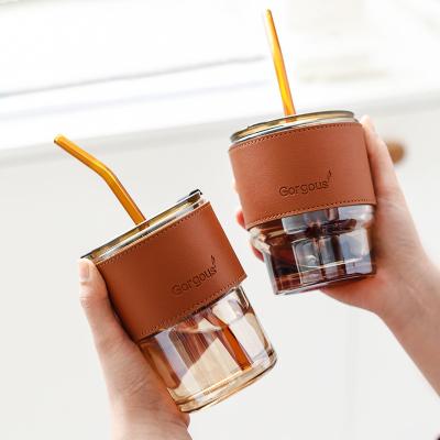 China New Viable Glass Water Cup Straw Cup With Cover Portable Milk Cup for sale