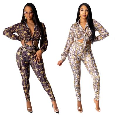 China Breathable Fashion Casual Chain Printed Sets Women Ladies Long Turn-down Collar Two Piece Tops Blouses Shirts And Pants for sale