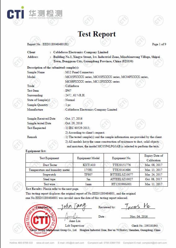 IP67 Test Report - Cableforce Electronics Co., Limited