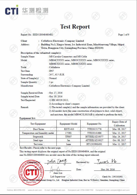 IP67 TEST REPORT - Cableforce Electronics Co., Limited