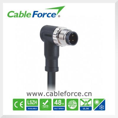 China M12 3pin Male A-Coding Right Angled PUR / PVC Circular Cable Connectors for sale