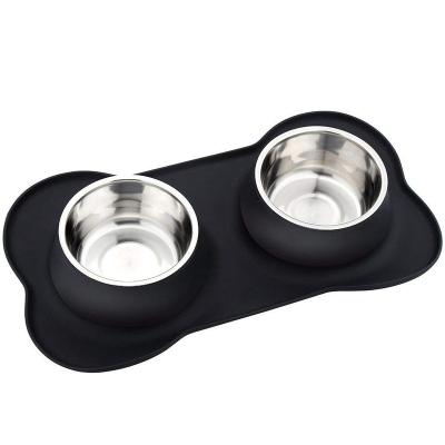 China Viable Wholesale Dog Feeder Double Pet Bowl, Silicone Stainless Steel Collapsible Dog Travel Double Bowls for sale