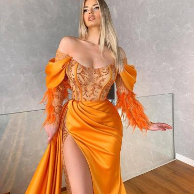 China Breathable Gorgeous Field Train ODM Beaded Pageant Feathers Long Evening Dresses High Top Prom Dress Orange Satin Mermaid Split Lang Abendkleid for sale