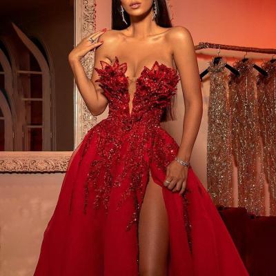 China Guangzhou Factory Anti-Static High Quality Appliqued Sexy Red High Split Sequin Prom Dress Luxury Debut Dress For Women for sale