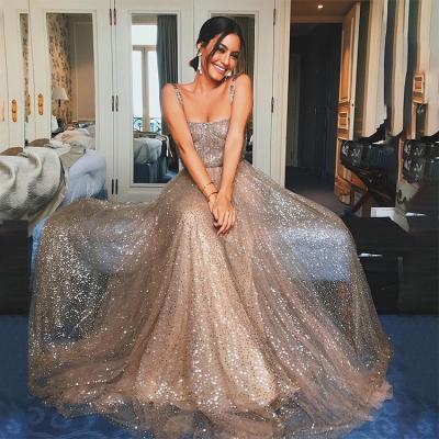 China Free Sample Breathable Sexy Elegant Gold Off The Shoulder Organza Tulle Sequin Backless Evening Dress Vestidos De Fiesta Noche Vestido De Gala for sale