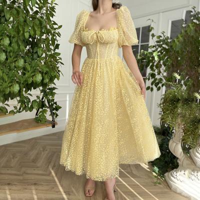 China Short Sleeves Tea Length Breathable Embroidered Boning Puffy Side Pockets Yellow Prom Dress 2021 Evening Dress For Women for sale