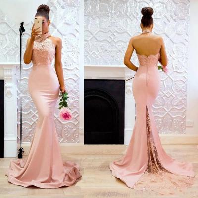 China Cheap Mermaid Wedding Guest Dress African Satin Breathable High Quality Halter Lace Up Pink Wedding Bridesmaid Dress for sale