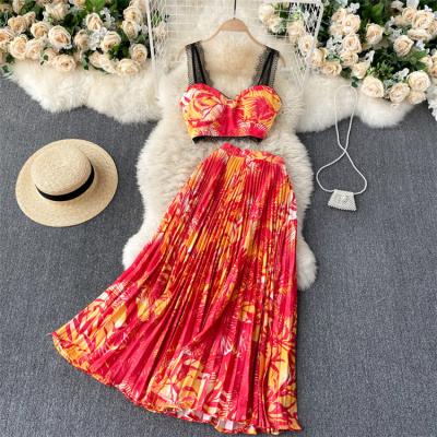 China 2022 Summer Viable Bohemian ZISE High Waist Pleated Two Piece Set Long Maxi Elegant Casual Dress Summer Dress Women Lady Elegant for sale