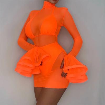 China Autumn Anti-Static Orange 3 Piece Set Women Party 2021 Club Mini Dresses Bodycon Flare Long Sleeve Conceal Sexy Sheer Mesh Dress for sale