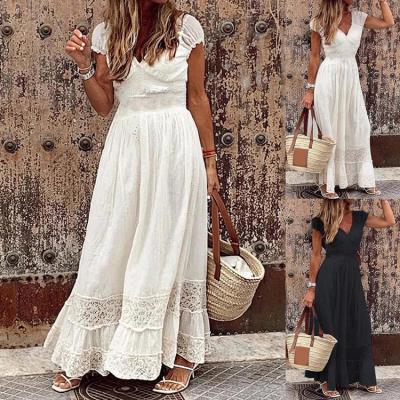 China Washable Short Sheath Vintage Boho Bohemian Boho Long Dress Beach V-Neck Canvas Dresses Women Summer Lace Cotton White Casual Elegant Long Dress for sale