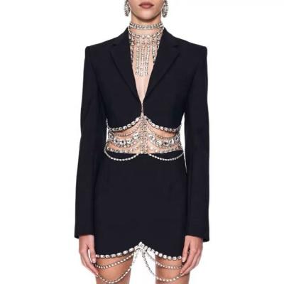 China ZISE Viable High Quality Women's Clothing V-Neck Jacket Rhinestone Tassel Blazer Women Mini Black Sexy Sleeves Long 2021 Club Dresses for sale