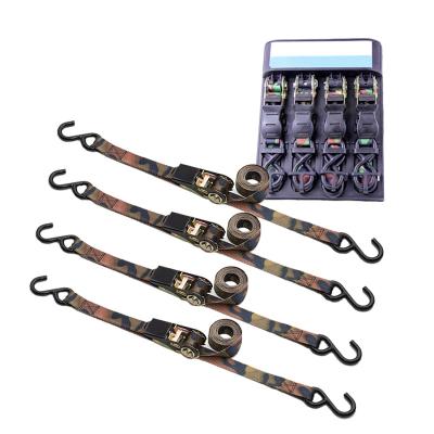 China Polyester Camouflage Ratchet Ties Fixed 1 Inch 50mm 800KG S Hook Cargo Ratchet Straps For Car Trailer for sale