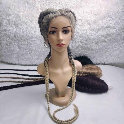 China Two Braids Wigs Factory Directly Supply Highlight Braided Medium Lace Ombre Part Wig Manufacturing Synthetic Wigs for sale