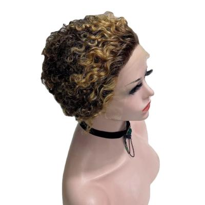 China Density 13*1 hand-tied+ hand-tied+ super human hair wigs mixed color 180 wave pixie cut hair wig for sale