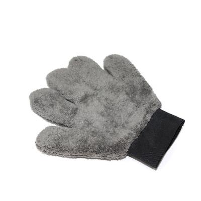 China Gray Double Side Thick Velvet Car Wash Mitt Microfiber Coral Gloves For Auto Care for sale