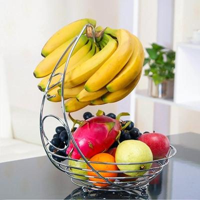 China Sustainable Fruit Bowl Basket with Banana Hanger - Chrome Wire Metal Basket, Fruit Holder for sale