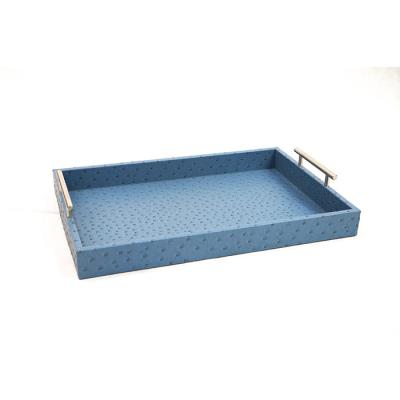 China Viable Blue Faux Leather Food Storage Tray With Twin Metal Handles for sale