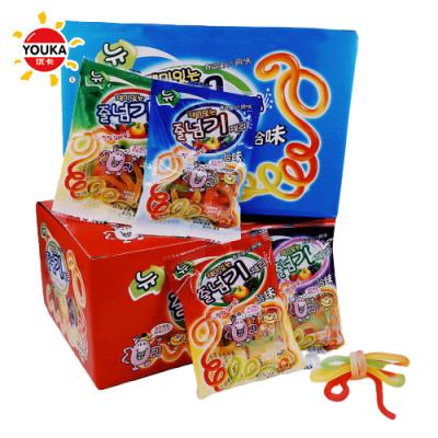 China Popular Mix 18g Natural Fruit Flavors Rope Gummy Candy Jelly Rope Candy for sale