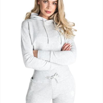 China Anti-Wrinkle OEM/ODM Fashion Hooded Solid Color Hoodie Cropped Top Women Jogging Suit Two-Piece Long Sleeve Sportswear for sale