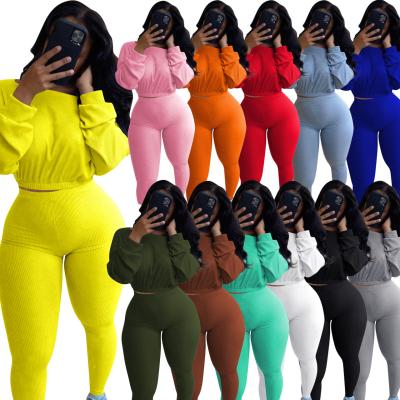 China 2021 New Anti-wrinkle solid color women's clothing Europe large size spring and autumn casual rib sports suit for sale