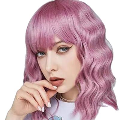 China High Temperature Fiber Pastel Wavy Wig With Air Bangs Short Bob Synthetic Cosplay Wig Pastel Shoulder Length Bob Purple Pink Wig Curly Women's Wavy for sale