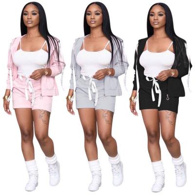 China Fashion Breathable Ladies Outfit 3 Pcs Jacket Vest Shorts Jogging Wear Sweatsuit Autumn Women Three Piece Set for sale