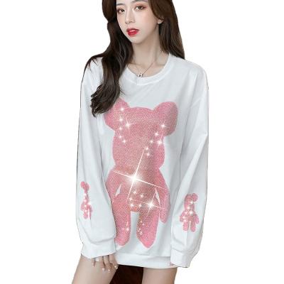 China Sustainable Women Clothing Plus Size Designer Hoodie Dress Long Sleeve Women's Sweatshirt Pullover Rhinestone Bear Hoodie for sale